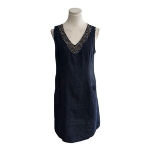 LINA TOMEI Navy Blue Linen Beaded Neckline Sheath Dress Size S Sleeveless Resort